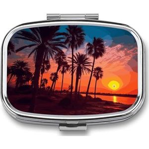 Palmboom zonsondergang pillendoos reizen pillenorganizer 2 compartimenten wekelijkse pillenetui met spiegel een dag medicijncontainer medicijnorganizer voor portemonnee, zak of portemonnee