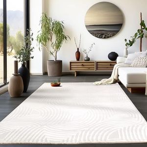 HomebyHome Vloerkleed woonkamer onderhoudsvriendelijk laagpolig Scandinavisch boho patroon deco modern tapijt crème effen 3D-effect Afmetingen: 140 x 200 cm, kleur: crème