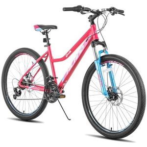 HILAND Mountainbike, 26 inch, MTB voorvering met 21 versnellingen, schakeling, stalen frame, schijfrem, spatborden, roze voor dames, damesfiets