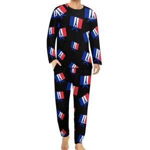 Eiffeltoren Frankrijk vlag comfortabele heren pyjama set ronde hals lange mouwen loungewear met zakken XL