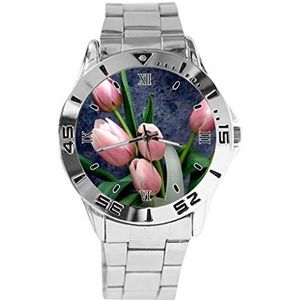 Roze Tulpen Ontwerp Analoog Polshorloge Quartz Zilveren Wijzerplaat Klassieke Roestvrij Stalen Band Dames Heren Horloge