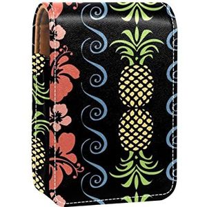 Draagbare Lipstick Case voor op reis, Mini Lipstick Opbergdoos met spiegel voor dames dames, Lederen cosmetische etui Tropische zwarte ananas, Meerkleurig, 9.5x2x7 cm/3.7x0.8x2.7 in