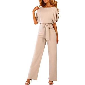 Kanpola Jumpsuit voor dames, elegant, lang, feestelijk, bruiloft, zomer, korte mouwen / lange mouwen, playsuit, brede pijpen, romper met riem, 11, beige, 36