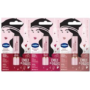 Vaseline x Emily in Paris | Hydraterende Lippenbalsem Sticks Set van 3 | Limited Edition | (Nude Nouveau, Parisian Pink & Rouge Romance)