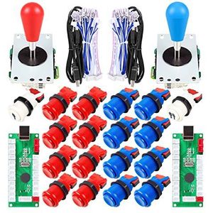 EG STARTS 2 Speler Arcade Joystick DIY Onderdelen 2X USB Encoder + 2X Ellips Ovale Joystick Handvat + 18x Amerikaanse Stijl Arcade Knoppen voor PC, MAME, Raspberry Pi, Windows Systeem (Rood Blauw)