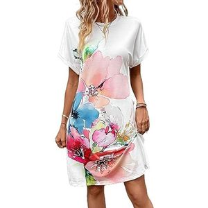 jurken voor dames T-shirtjurk met vleermuismouwen en bloemenprint for dames (Color : Wei�, Size : XL)