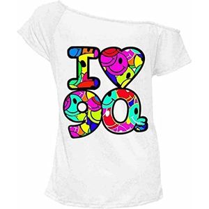 Meerzijdig „I Love 90s“ korte mouwen dames T-shirt. Retro pop star tees top. Maat 26 - 54, Wit, 42-44