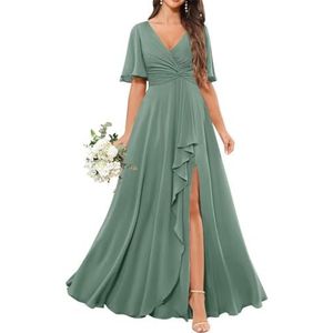 Chiffon bruidsmeisjesjurken voor dames, met spleetplooien, formele avondjurken, grote maten, Eucalyptus, 32