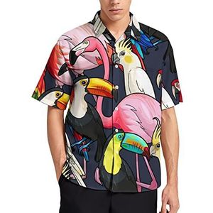 Tropical Birds Flamingo Papegaai T-shirt voor heren, korte mouwen, casual, knoopsluiting, zomer, strand, top met zak