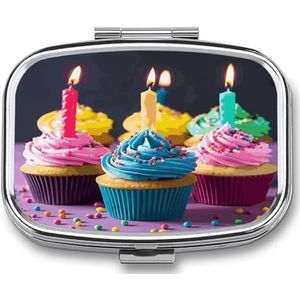 Kleurrijke Verjaardag Cupcakes Pil Doos Pil Organizer Pil Case 2 Compartiment Geneeskunde Pil Organizer Kleine Pil Case Pil Container Pil Houder Leuke Pillendoos Mini Pil Case