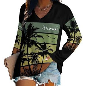 Vintage Hawaiiaans damesshirt met V-hals en lange mouwen, casual losse pasvorm blouses