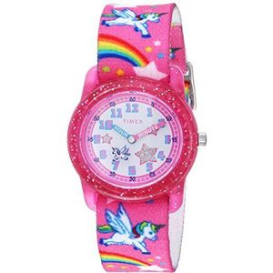 Timex TIME Machines 29mm Blauw/Geel Streep Elastische Stof Kinderen Horloge, Roze/Regenbogen & Eenhoorns, riem