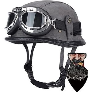 DIRERTYS helm voor motorfiets, halve helm, pothelm, Duitse helm, leer, DOT/ECE goedgekeurde cap, retro helm + bril, open gezicht, helm met verstelbare snelsluiting