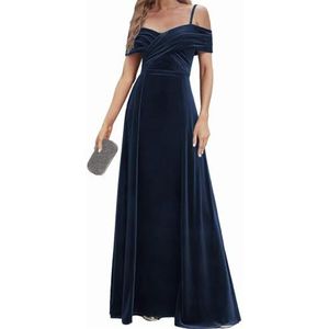 Fluwelen Bruidsmeisjes Jurken Spaghetti Bandjes Prom Jurken Koude Schouder Formele Avond Party Gown ZM191xin, Donkerblauw, 32