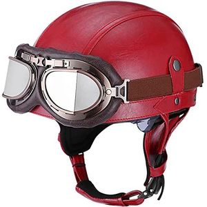 Motorhelm, Heren Dames Skull Cap Bromfiets Street Jet Scooter Open Helm met Pilotenbril, ECE-certificaat E,S=54-56CM(H,S=5456CM)
