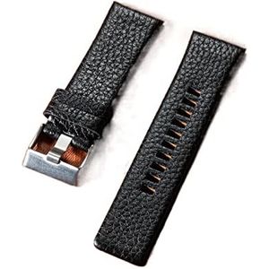 Chlikeyi Litchi Grain horlogeband van echt leer, 22-30 mm, Zwart/Zilver, 22 mm