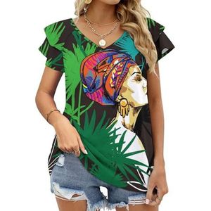 Afrikaanse Zwarte Meisje Grafische Blouse Top Voor Vrouwen V-hals Tuniek Top Korte Mouw Volant T-shirt Grappig