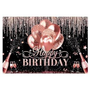 Verjaardagsachtergrond, 150 x 100 cm zwart en roségoud glitter ballon Happy Birthday-achtergronddoek familieportretfotografie-achtergrond achtergrond achtergrond gordijn (kleur: 1)