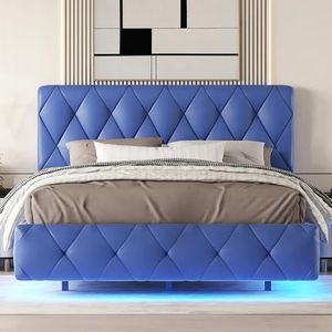 Moimhear Tweepersoonsbedden, gestoffeerd bed, zweefbedden, gestoffeerd bed, lichtlijsten, 140 x 200 cm, blauw