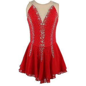 Nnnydjy Schaatskleding voor dames Mouwloze kunstschaatswedstrijdjurk voor meisjes Handgemaakte balletpakjes Kunstritmische gymnastiekkleding met strass,Rood,11_13Years