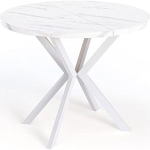 Ronde uittrekbare eettafel voor 6-8 personen - Loft Style tafel met witte metalen poten - 100 tot 180 cm - industriële vierkante tafel voor woonkamer - Spacesaver - wit marmer - 100 cm