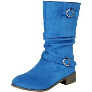 Plus Size Enkellaarsjes Damesmode Korte Laarzen Met Dubbele Gesp Retro Suède Enkellaarsjes Instaplaarzen Met Lage Hak Casual Instapschoenen for Lente, Herfst(Blue,43 EU)