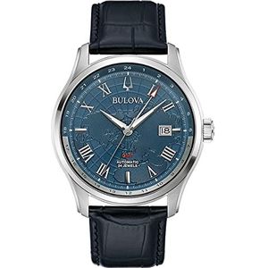 Bulova Heren analoog automatisch horloge met lederen armband 96B385, zilver-zwart-blauw, Riemen.
