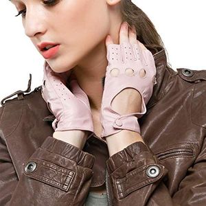 Nappaglo Vrouwen klassieke halve vinger lederen rijden handschoenen vingerloze lamsvacht fitness buiten ongevoerd handschoenen - roze - L