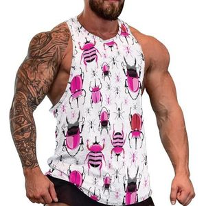 Pink Beetles And Ants Tanktop voor heren, grafische mouwloze bodybuilding-T-shirts, casual strand-T-shirt, grappig sportschool-spier