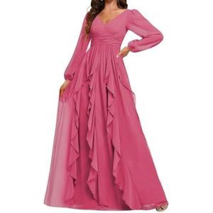 Prinses Bruidsmeisje Jurken Lange Mouw Prom Jurken V-hals Chiffon Formele Avond Party Maxi Jurk ZM208, roze (hot pink), 32