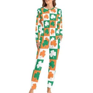 Saint Patrick's Day zachte damespyjama met lange mouwen, warme pasvorm, loungewear sets met zakken, 3XL