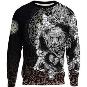 Nordic Viking Bear Head Hoodie - Heren Dames Vintage Harajuku 3D Digitaal Gedrukt Odin Battle Axe Pullover Sweatshirt - Pagan Outdoor Street Plus Size Top(Color:Round Neck,Size:3XL)