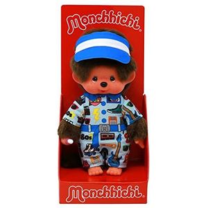 Sekiguchi 243099 - Origineel Monchhichi jongetje, pluche figuur in jaren 80 outfit en pet, ca. 20 cm hoog knuffel gemaakt van bruin pluche