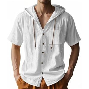CupitiDU Linnen strandshirt met capuchon voor heren, lichtgewicht knoopsluiting, losse pasvorm, ademend zomershirt tops met capuchon, Wit, 3XL