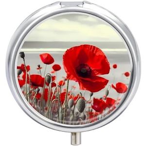 Rode Papaver Bloem Pil Doos Leuke Ronde Pil Case Draagbare Geneeskunde Tablet Vitamine Houder Organizer Voor Portemonnee Pocket