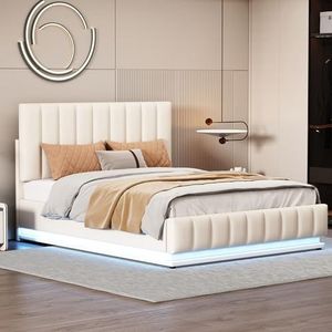 Aunvla Gestoffeerd bed, 140 x 200 cm, met led, metalen lattenbodem en bedlade, tweepersoonsbed met in hoogte verstelbaar hoofdeinde en hydraulische opbergruimte, wit (zonder matras)