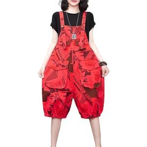 QOUERUUE Dames Zomer Print Denim Korte Overalls Casual Losse Wijde Pijpen Jeans Jumpsuit Rompertjes Broek,Rood,L