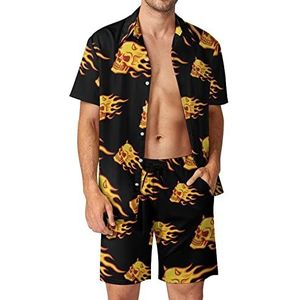 Skull Burning Fire Heren 2 stuks Hawaiiaanse sets losse pasvorm korte mouwen shirts en shorts strand outfits 3XL