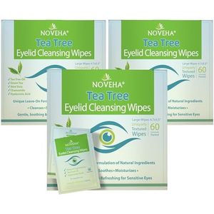 NOVEHA 180Pcs Tea Tree Olie Ooglid & Wimpers Doekjes Met Hyaluronzuur, Groene Thee & Kamille Voor Blefaritis & Jeukende Ogen, Individueel Verpakt Wimper Wipes Natuurlijke Make-up Remover & Dagelijkse