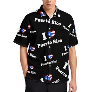 I Love Puerto Rico Puerto Zomer Heren Shirts Casual Korte Mouw Button Down Blouse Strand Top met Zak XL