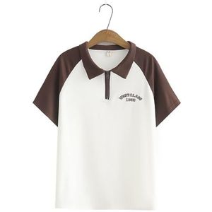 SDFGH Tops met korte mouwen Oversized Curve Kleding Basic T-shirt Dames Blokkleur Borduurwerk Polo Kraag Tees (Color : Brown, Size : 2X-Large)