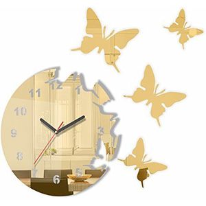 Grote moderne wandklok vlinder gouden spiegel rond 30 cm, 3d DIY, woonkamer, slaapkamer, kinderkamer