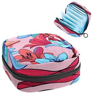 Opbergtas voor maandverband Pads, Menstruatie Cup Pouch, Periode Bag Organizer voor vrouwelijke Pads Tampons, Rode Blauwe Lelie Bloemen Roze Achtergrond