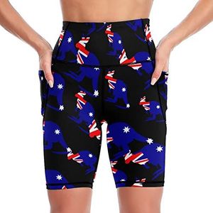 Vlag van Australië met kangoeroe dames yoga biker shorts hoge taille workout broek met zakken