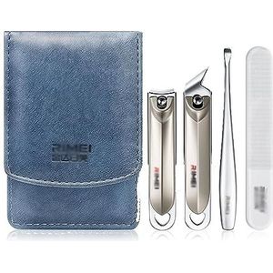 Manicureset, nagelknipperset, Set van 4 veelkleurige nagelknippers met leren etui roestvrij staal(Blue)