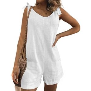 BANGHA Jumpsuits Voor Vrouwen Zomer Casual Effen Kleur Lace Up Casual Strap Jumpsuit Vrouwen Katoen Linnen Rechte Broek Bib Overall Streetwear Losse Shorts Rompers, Wit, XL