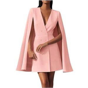 UPPJPBSW Elegante vrouwelijke double-breasted V-hals cape blazerjurk - split mouwen-pak voor feest en zaken,Roze,L