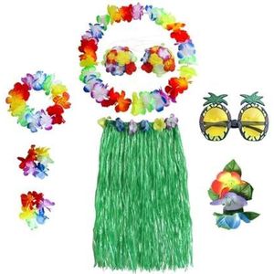 Dames meisjes hoelarok 8 stks/set plastic vezels meisjes vrouw Hawaiiaanse rok gras kostuum bloem rok zonnebril hoela dansjurk feest Hawaii strand (kleur: A-groen, maat: 80 cm)