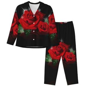 JEJEA Rode Rozen Print Comfy 2 Stuk Nachtkleding Lounge Set Pyjama Set Lange Mouw Nachtkleding Nachtkleding, Zwart, S