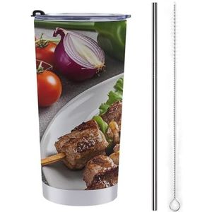 AQRJLPM BBQ Türkiye autobeker, roestvrij staal, beker van 597 ml, met rietje en deksels, lekvrij, geïsoleerd, roestvrij staal, reisbeker, geschikt voor koude warme dranken op de camping